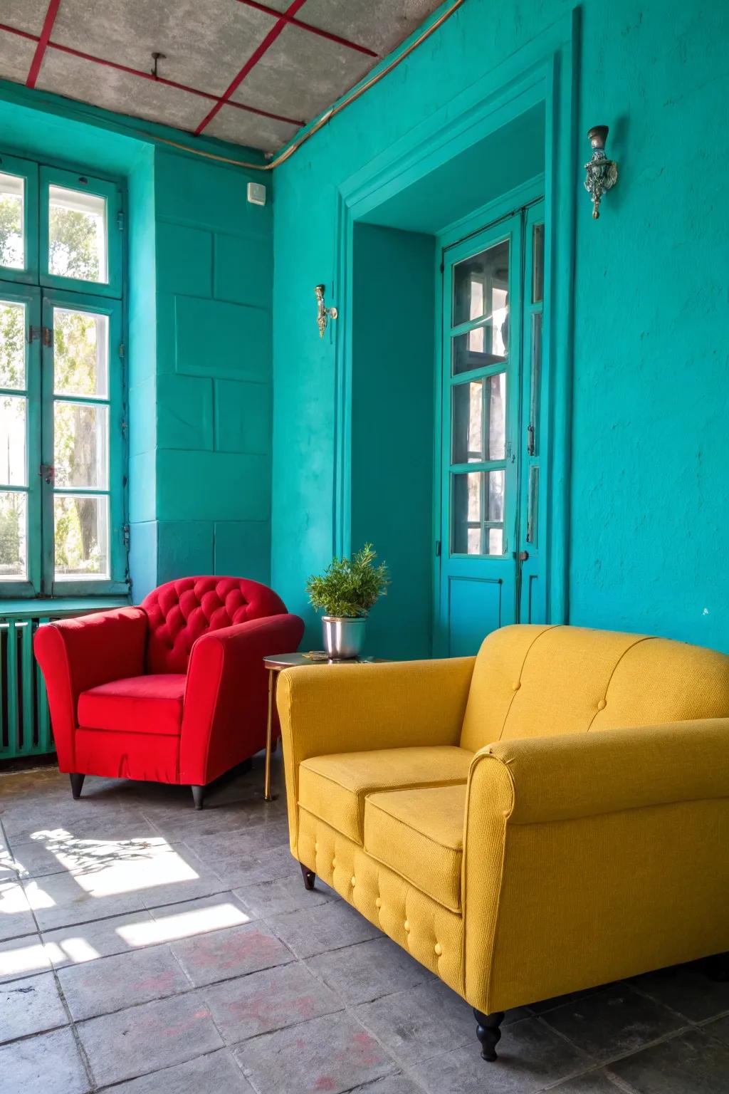 A space revitalized by striking turquoise accents and vibrant decorating choices.