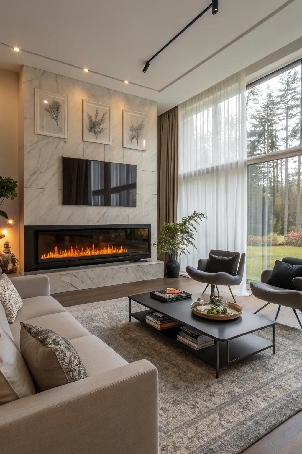 A chic living room where the electric fireplace claims the spotlight.