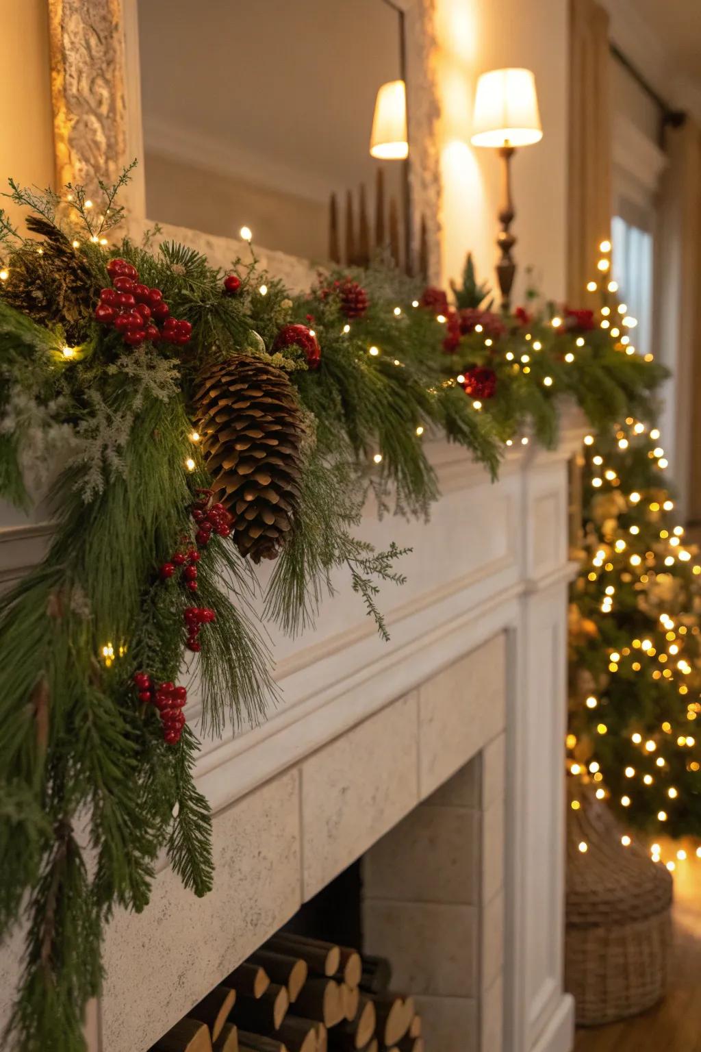 A lush garland with fairy lights creates a magical ambiance.