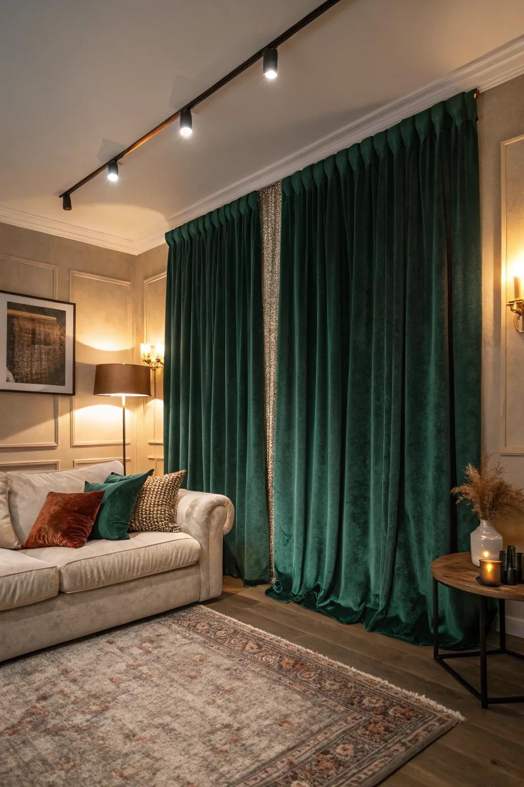 Luxuriant, deep green velvet curtains introduce an element of opulence to an inviting space.
