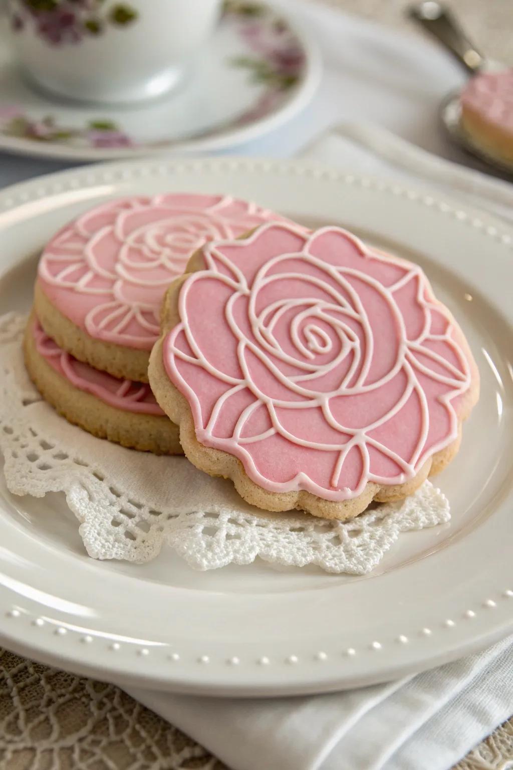 Quintessential rose biscuits featuring elaborate pink icing patterns.