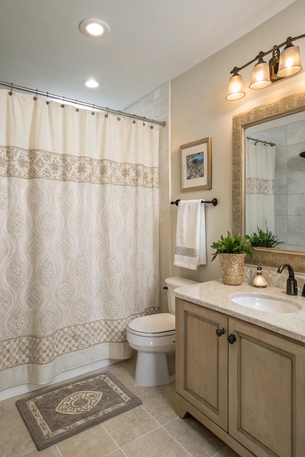A bathroom featuring a classic, neutral-toned shower curtain for a timeless appeal.