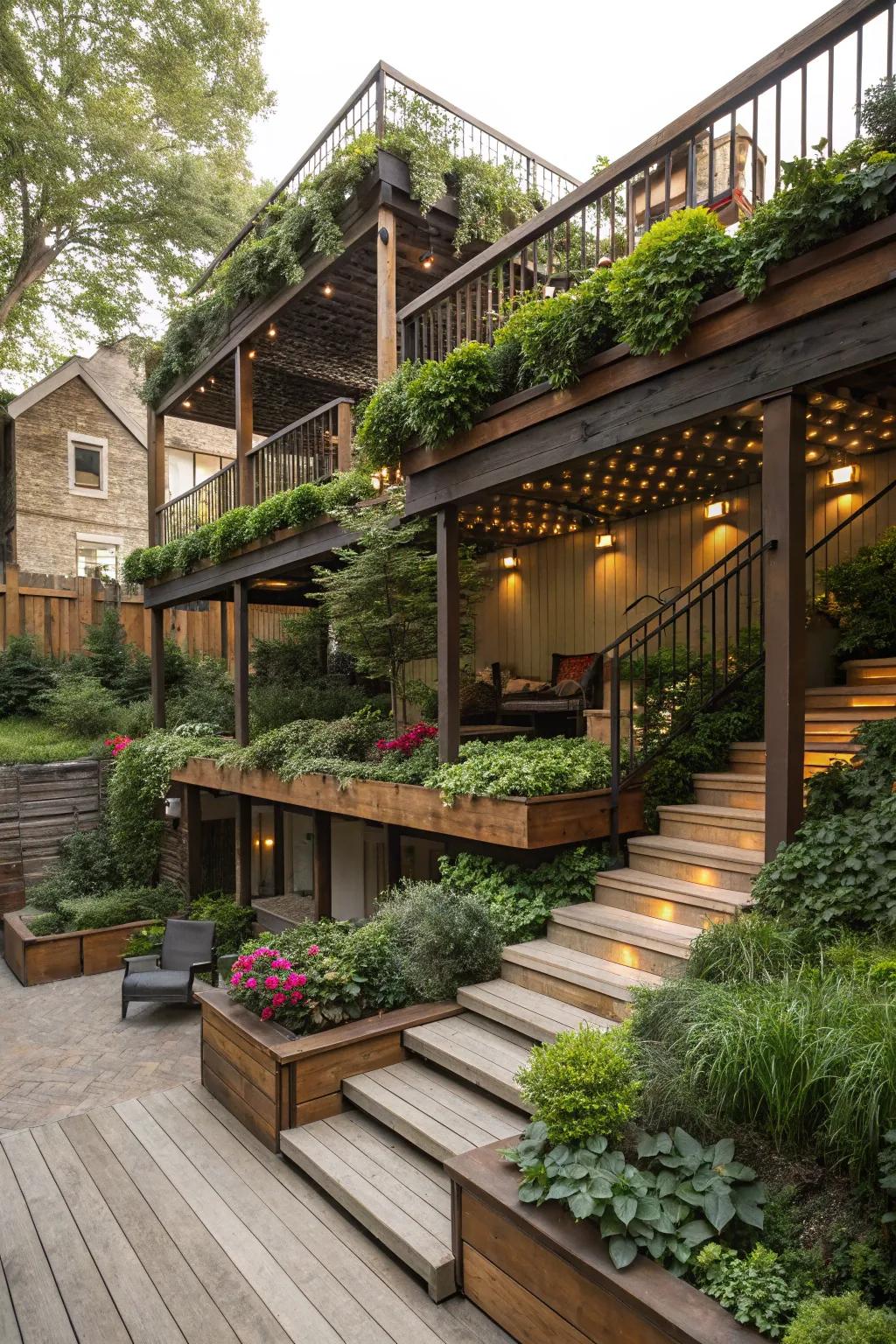 Multi-level patios create distinct zones for relaxation and dining.