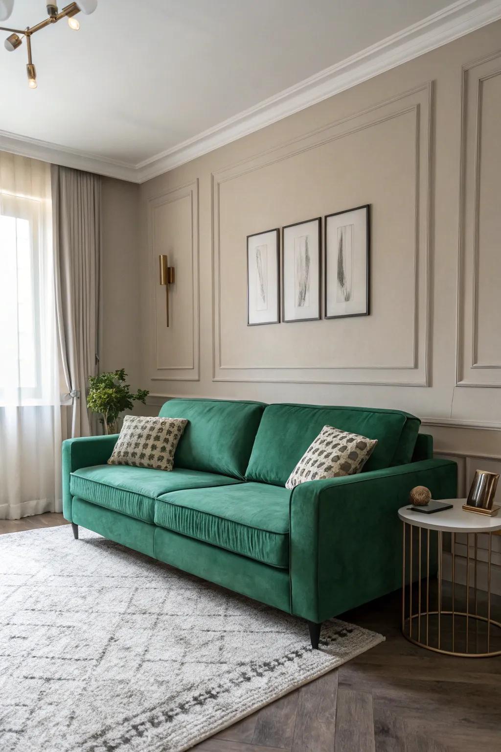 An emerald green sofa gains prominence against soft, neutral walls.