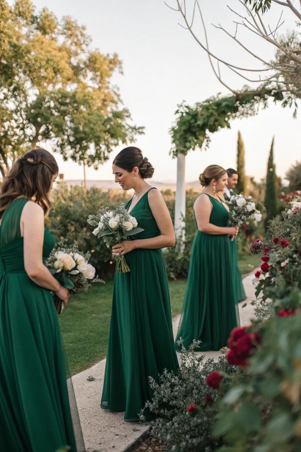 Bridesmaids in breathtaking emerald gowns at an outdoor celebration.