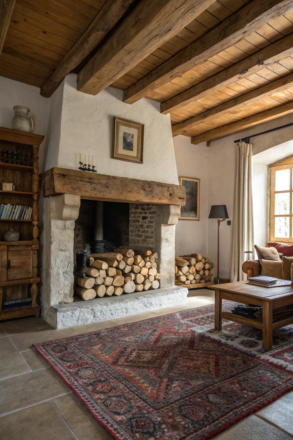 Achieve a cozy, rustic look by stacking logs in your empty fireplace.
