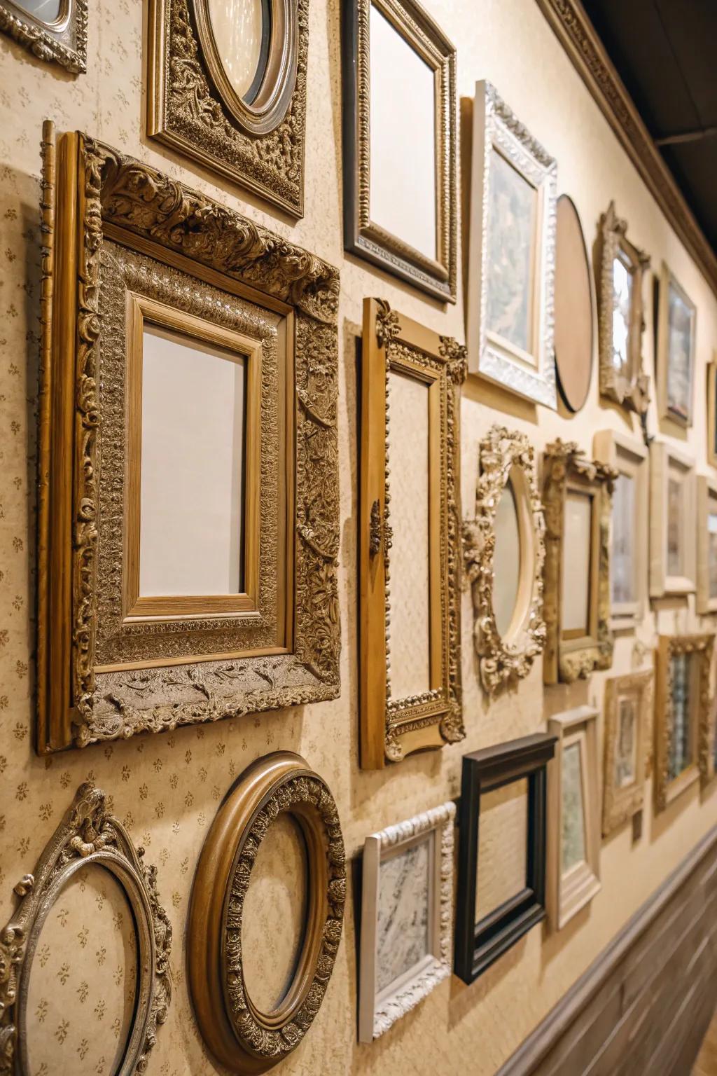 A vintage gallery wall filled with frames of unique character.