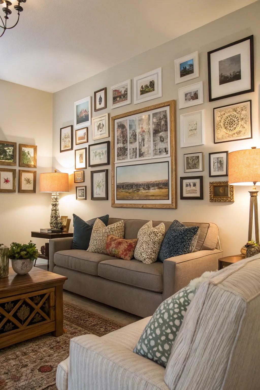 A lively curated wall, infusing personality and coziness into a living area.