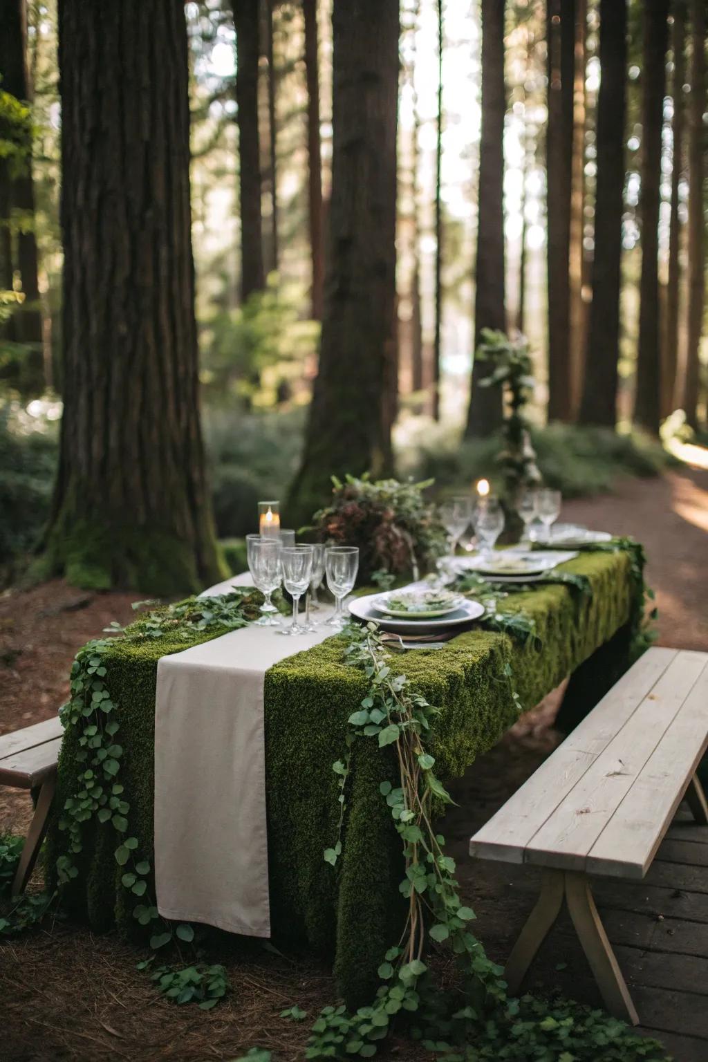 Rich vegetation cascades over tables, imitating the essence of a wooded expanse for your get-together.