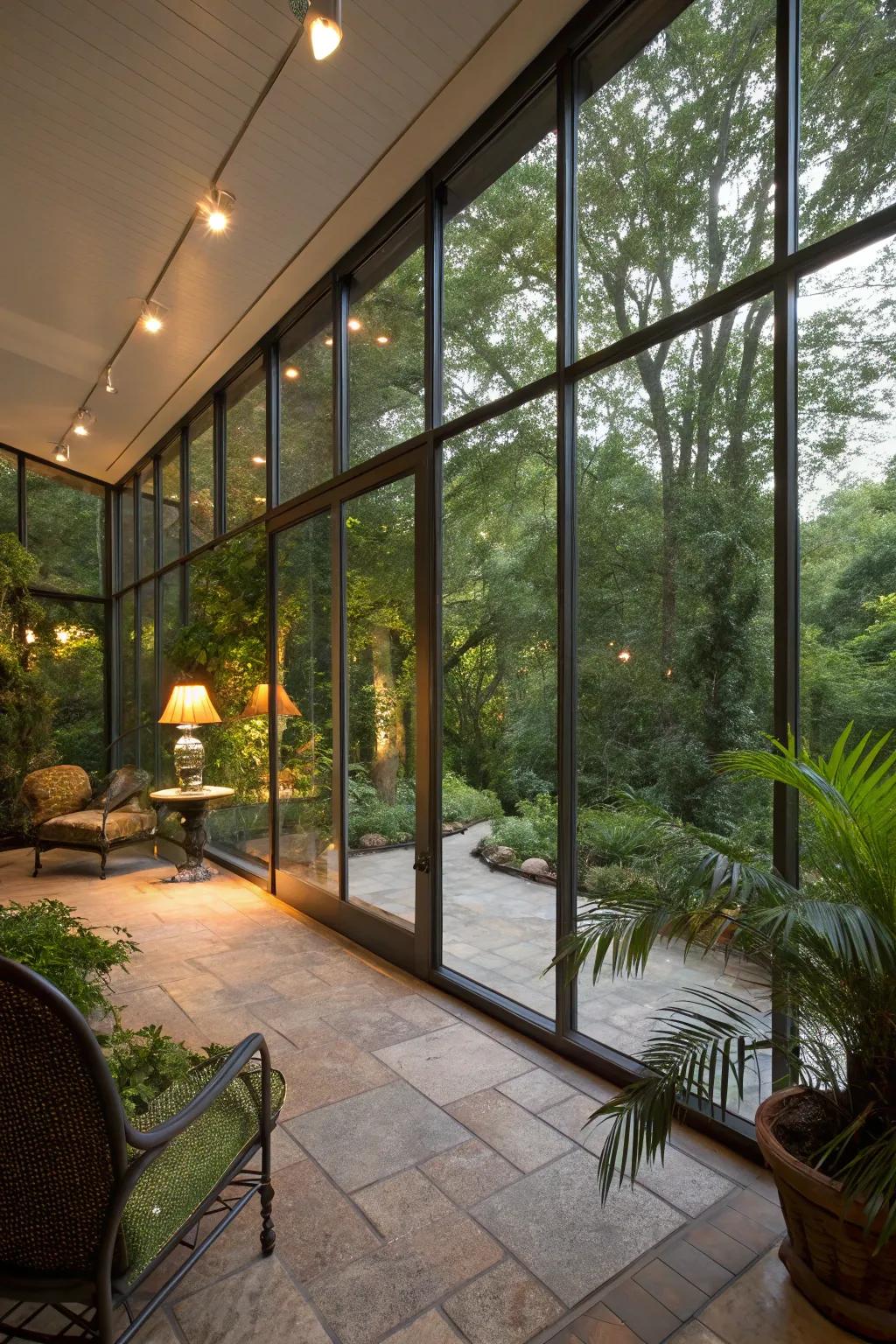 A peaceful glass-encased patio providing extensive vistas of the adjacent garden.