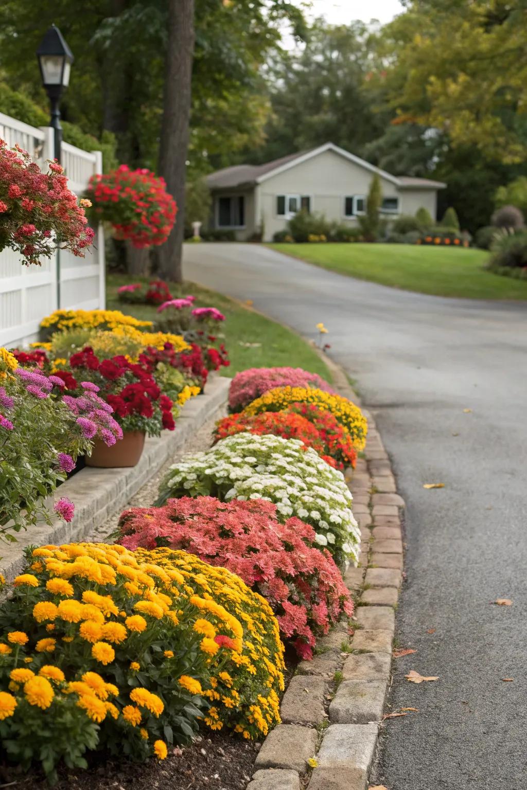 Bright flower beds give a lively feel to the end of your driveway.