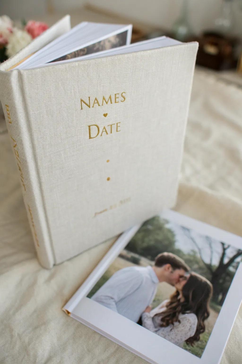 A customized engagement chronicle cover featuring embossed names and date.
