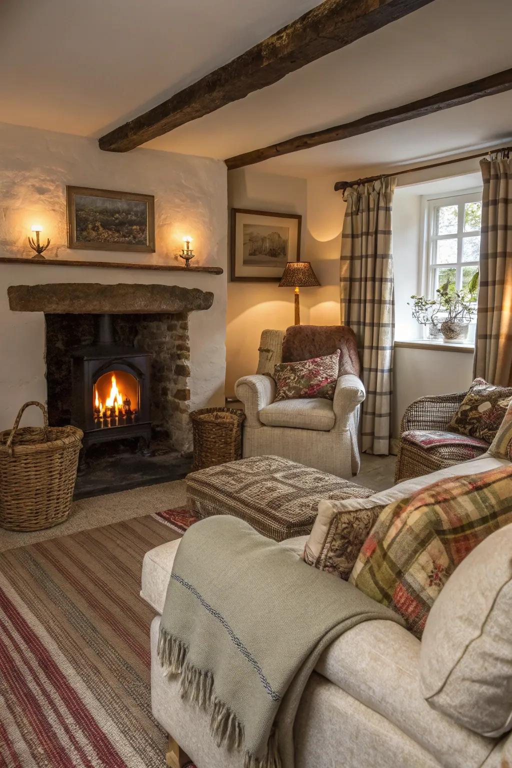 Layered fabrics and a toasty fireplace produce a comfortable cottage ambiance.