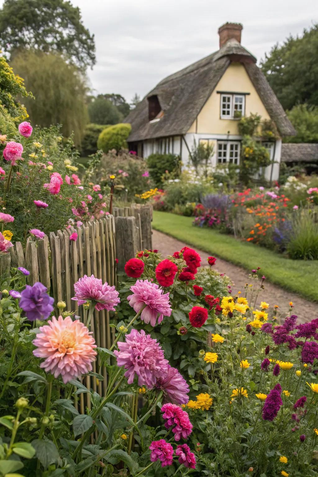 A meadow garden explodes with colorful blossoms and abundant verdure.