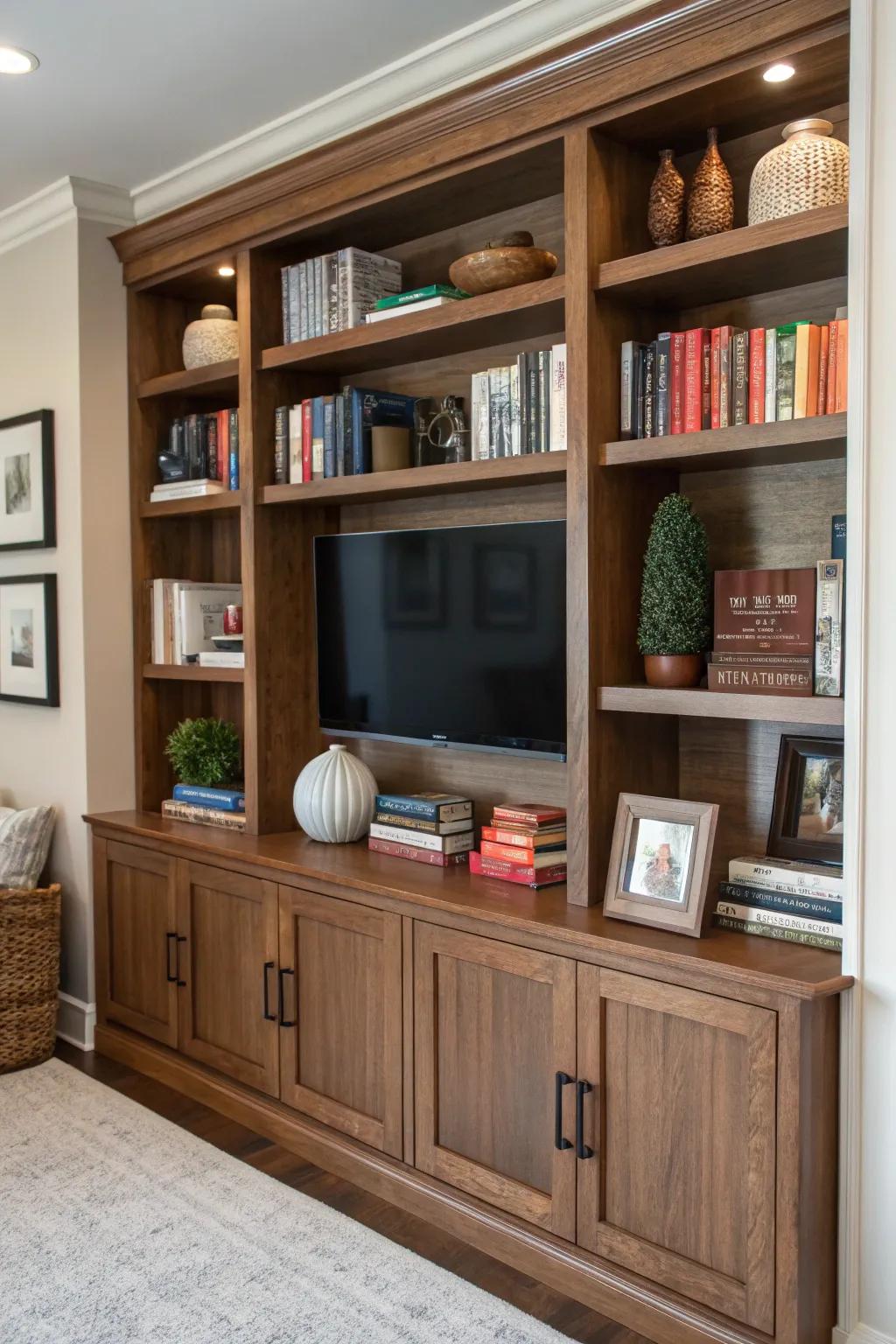 A built-in entertainment center blending literature and decor seamlessly.