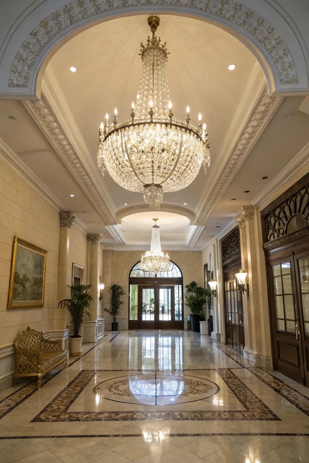 A shimmering chandelier enriches the foyer with classic elegance.