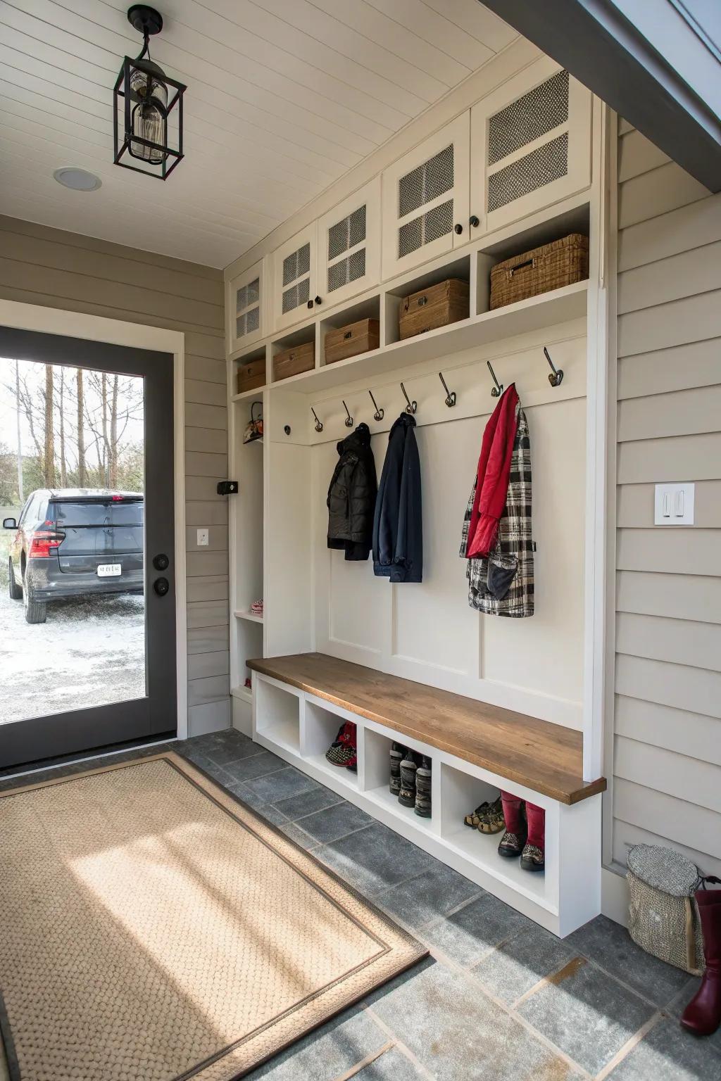Transform your entryway into a well-organized mudroom with practical storage solutions.