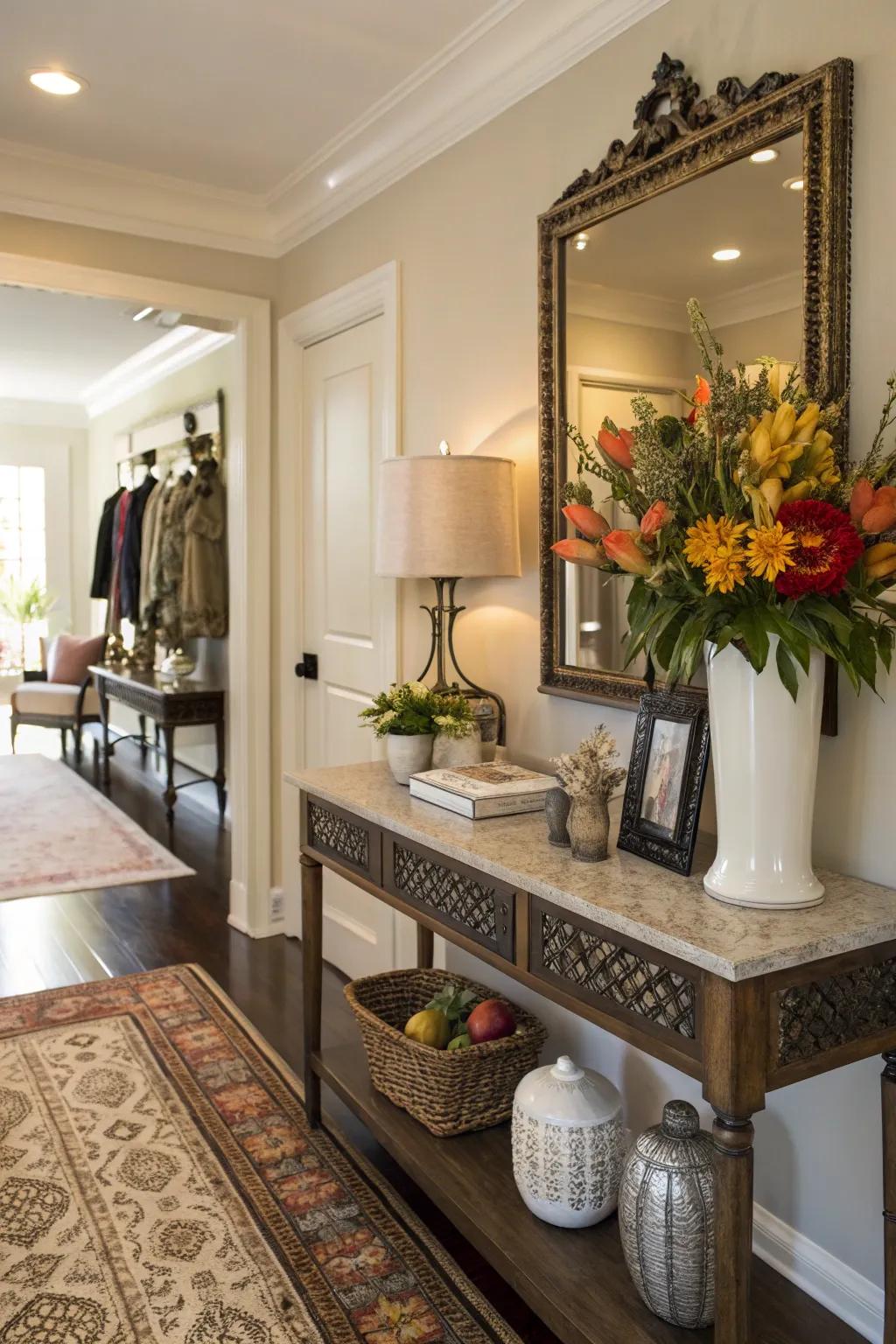 A console table decorated with flowers enhances its elegance and functionality.