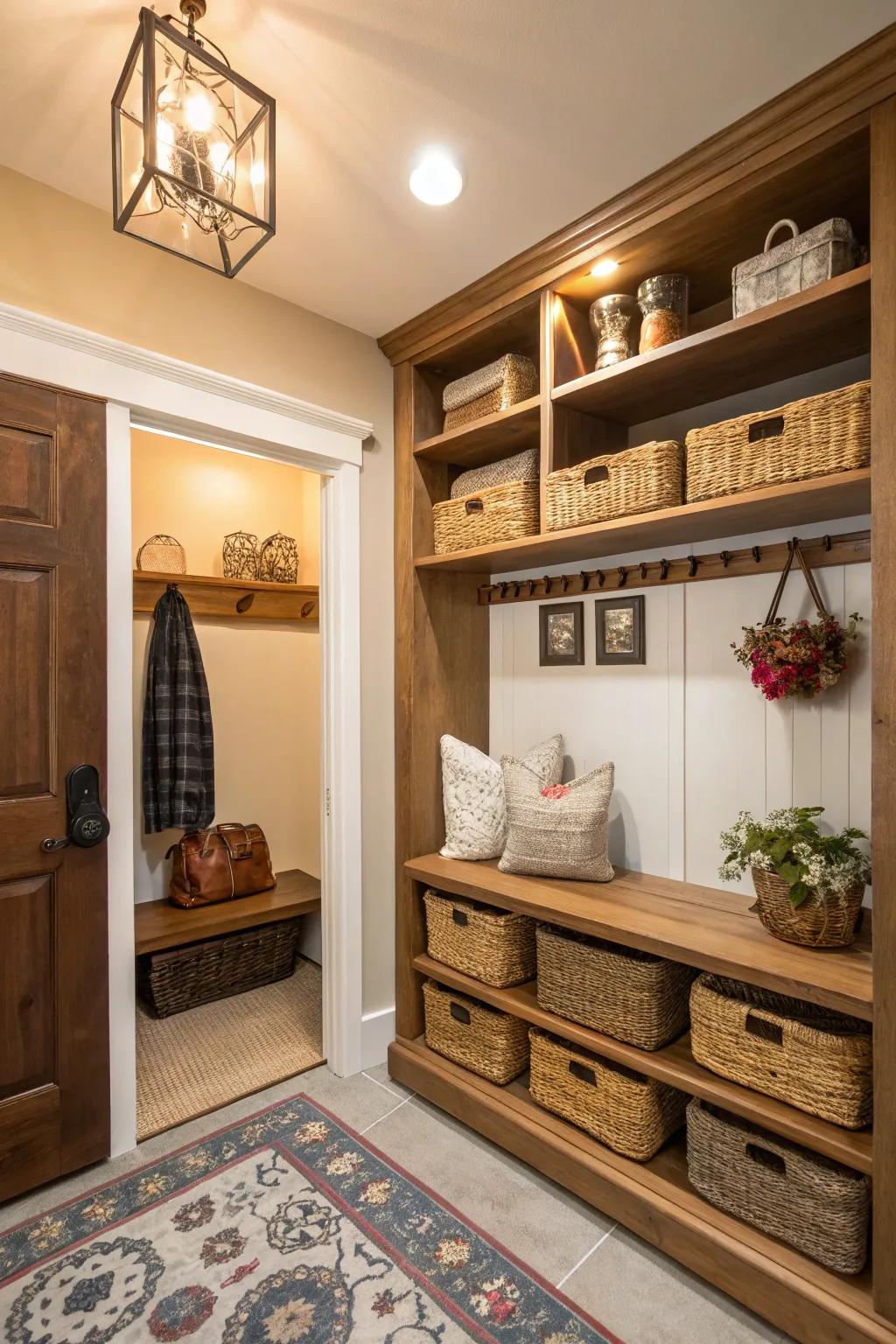 Exposed shelving contributes both design and functionality to any entryway.