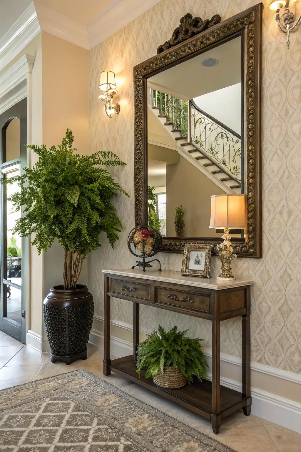 An oversized mirror transforms this entrance into an open, inviting area.