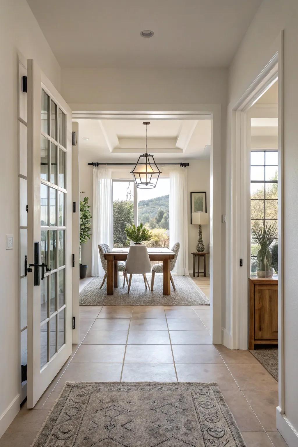 An open layout smoothly bridges the gap between the entryway and the dining room.