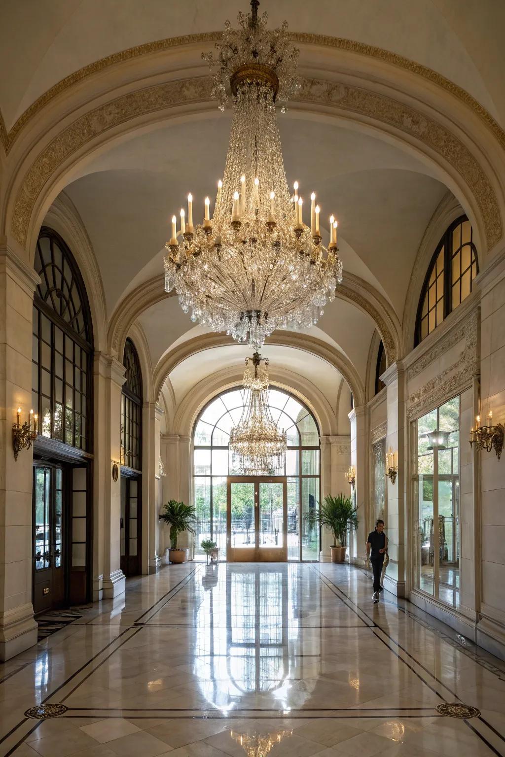 A glass chandelier introduces a dash of grandeur to a spacious entryway.