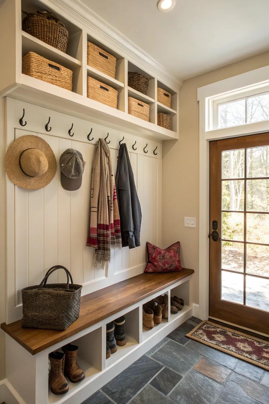 Vertical storage solutions keep this mudroom organized and efficient.