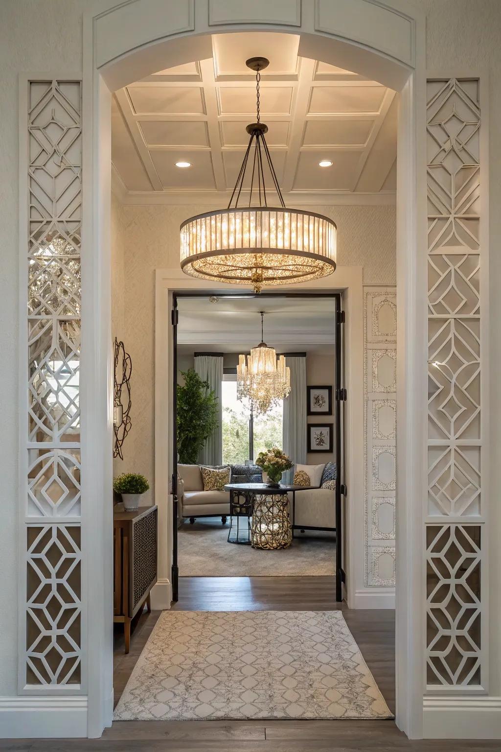 A small chandelier with striking geometric patterns in a snug entryway.