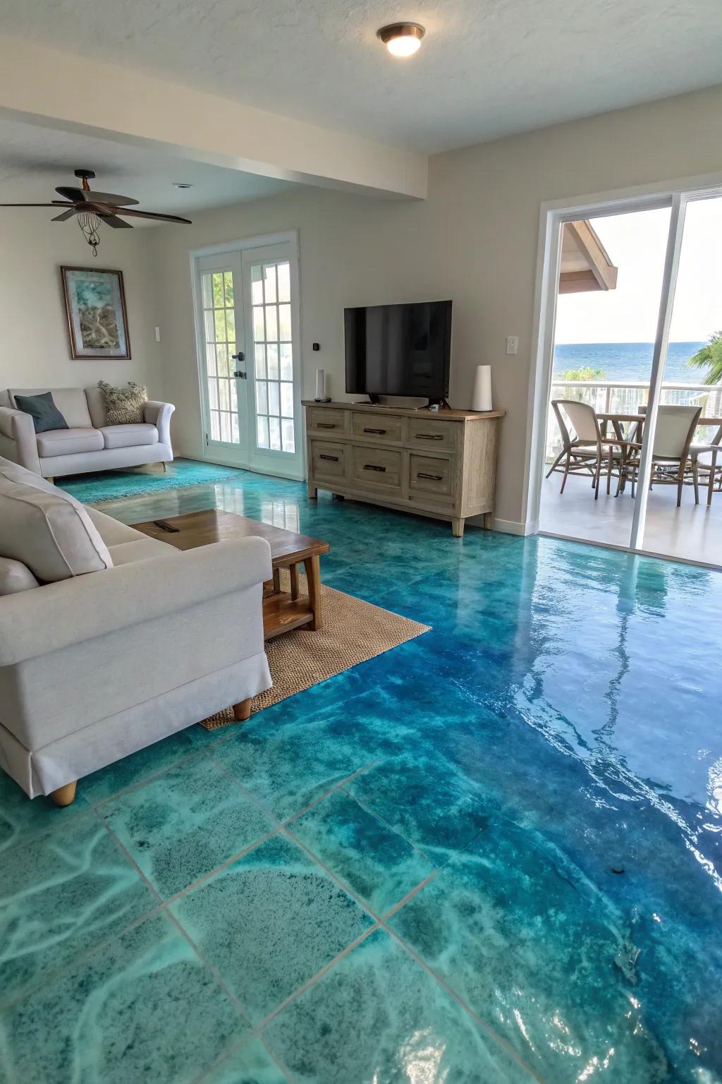 Invite the serenity of the sea into your living space with ocean-inspired epoxy floors.