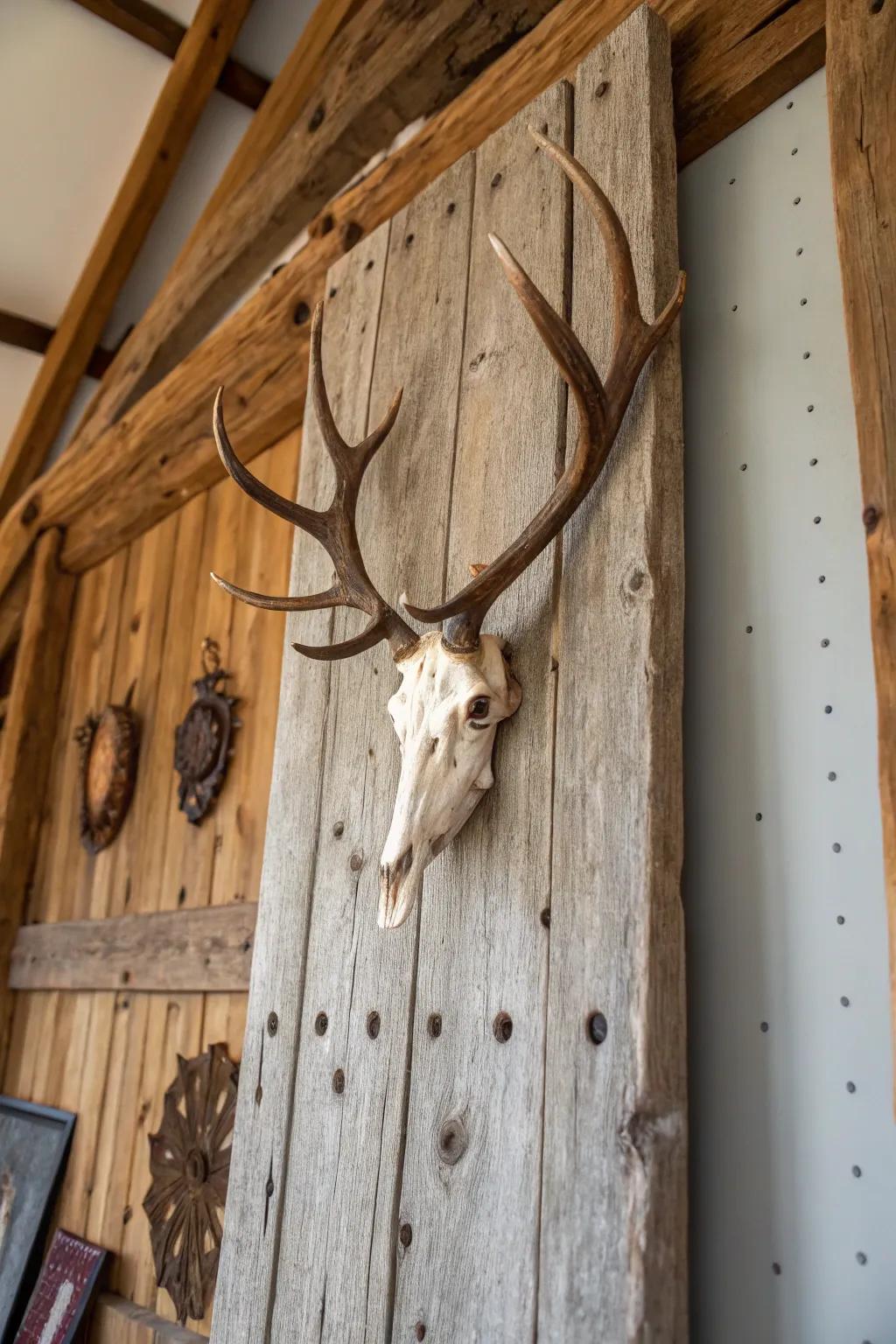 Conjure rustic allure with a deer skull showcased on salvaged timber.