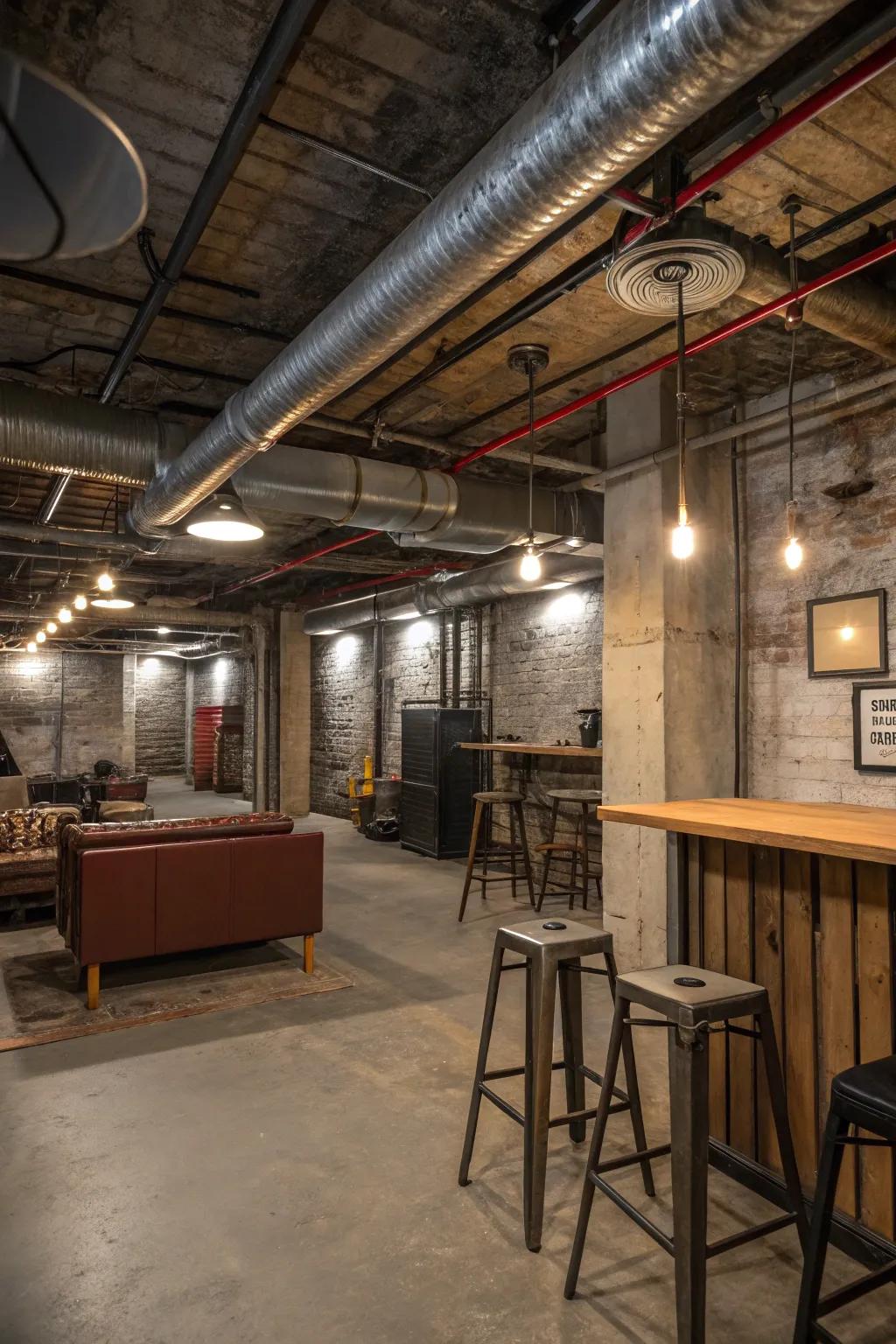 Industrial flair with exposed mechanical elements in the basement.