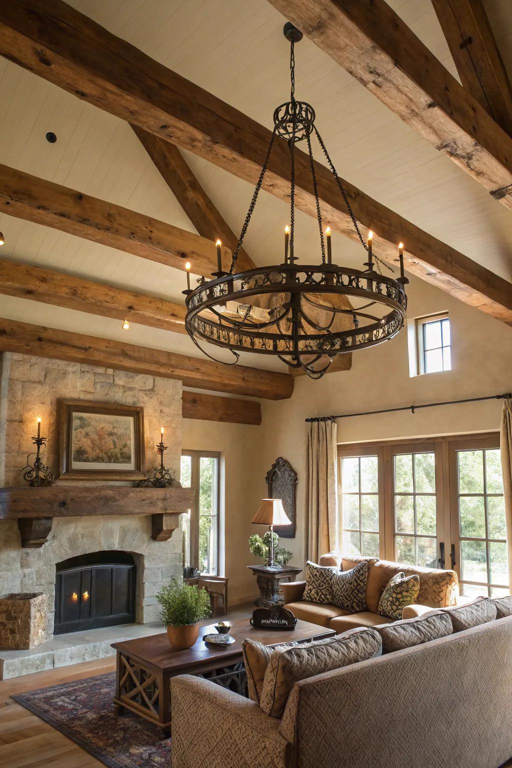 Rustic charm meets elegance with a classic iron chandelier.