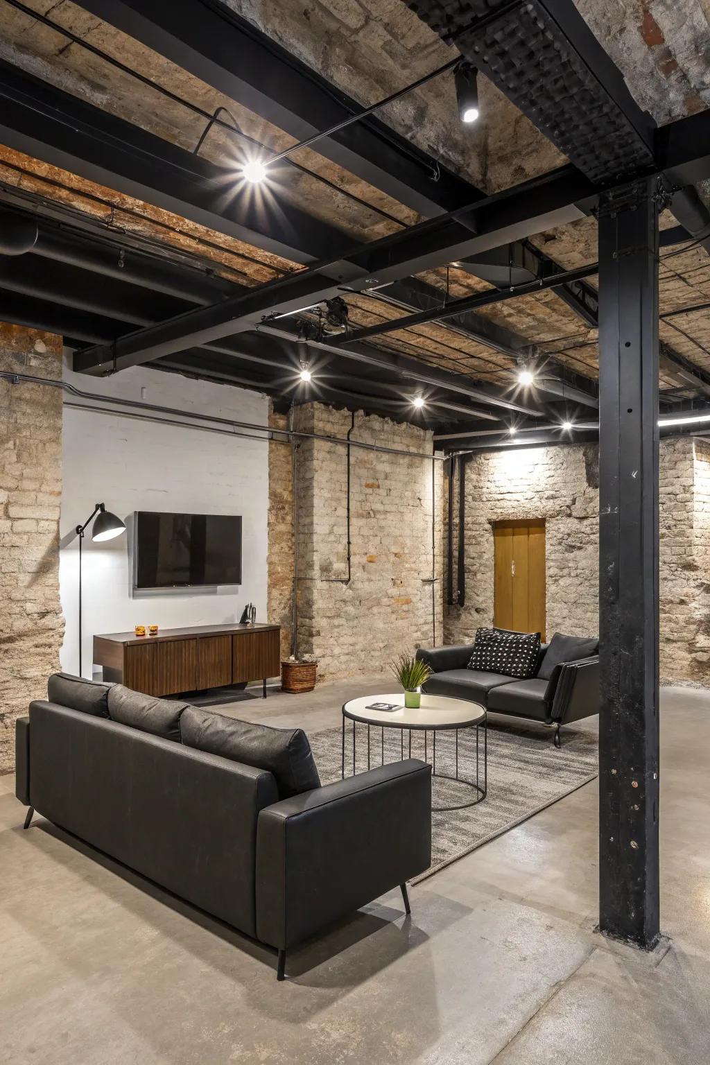 Realize a polished industrial appearance with exposed ceilings painted black and modern décor.