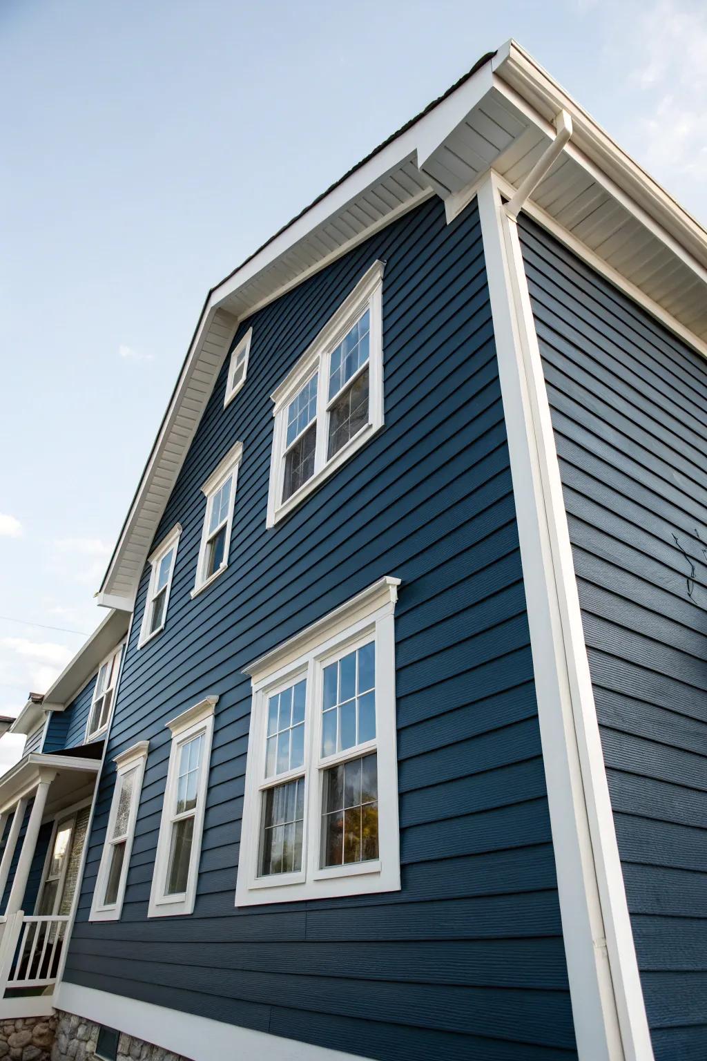 White window trims stand out beautifully against dark blue siding.