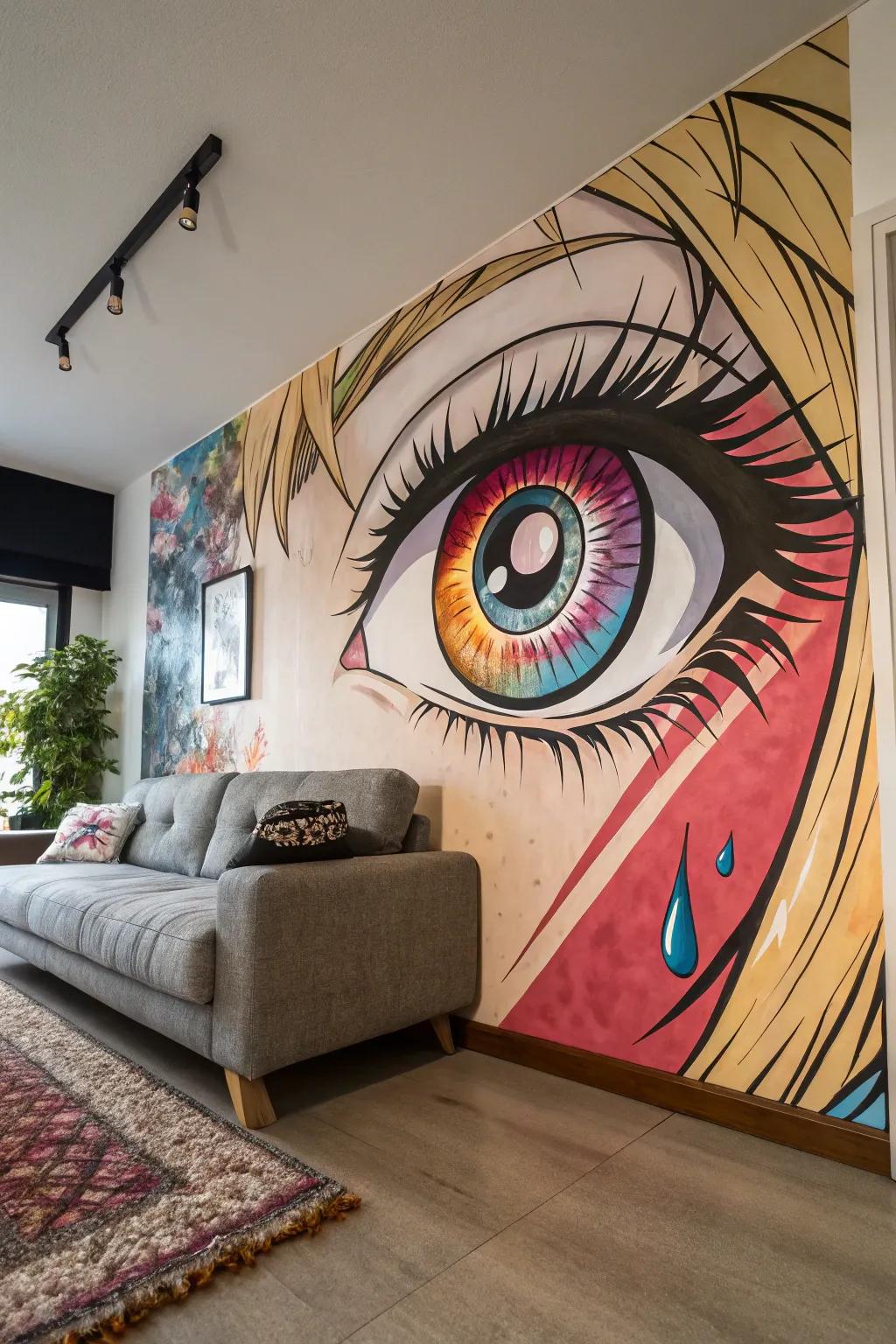 A captivating anime eye artwork infuses the space with vibrant color and intriguing detail.