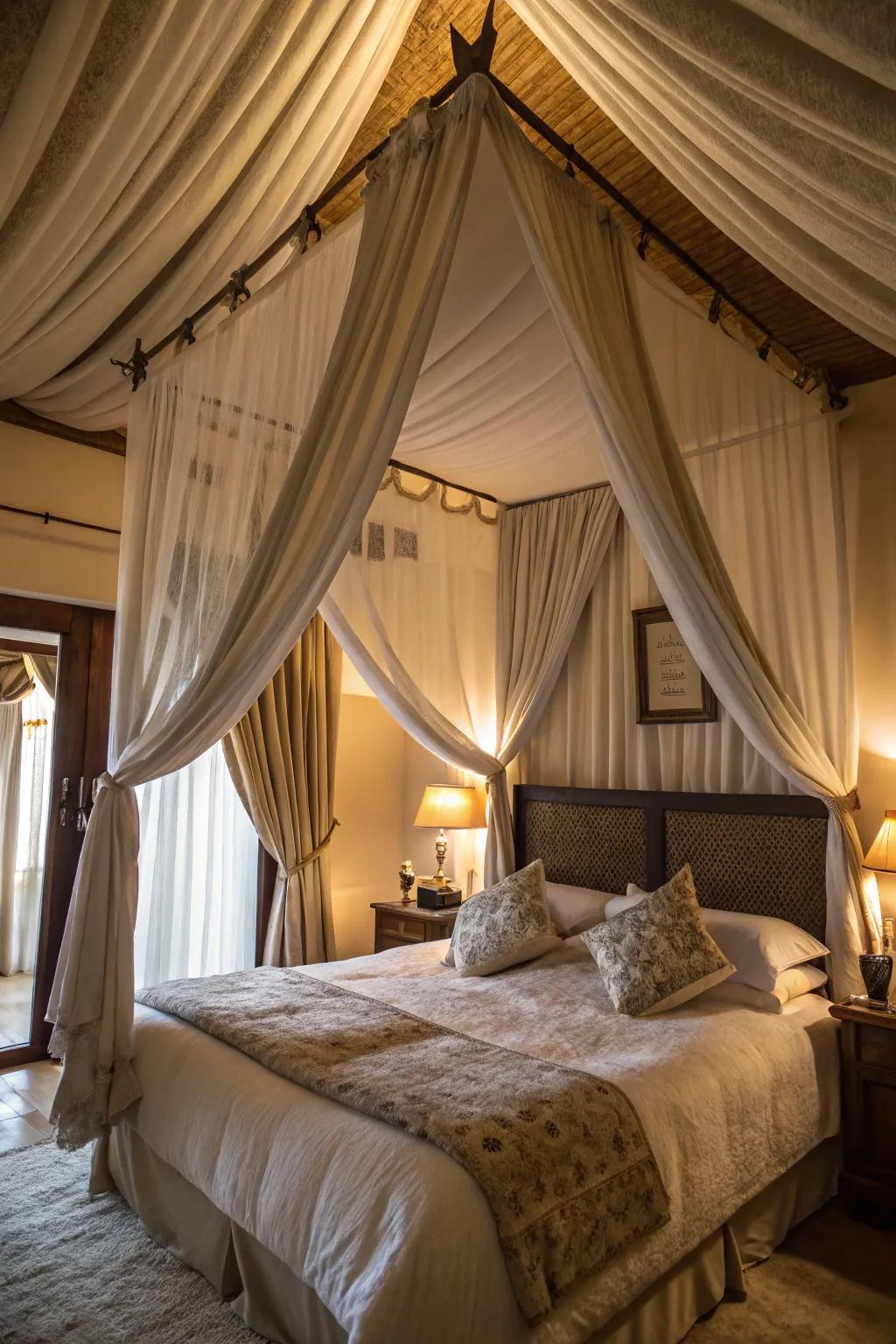 Design a fanciful sanctuary with a canopy-inspired fabric ceiling.