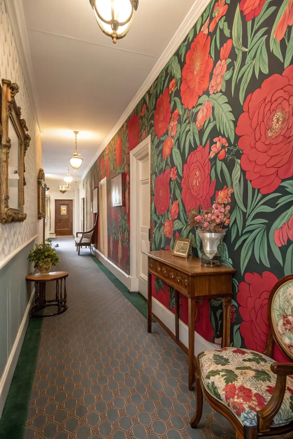 Bold botanical patterns transform your entryway into a welcoming area.