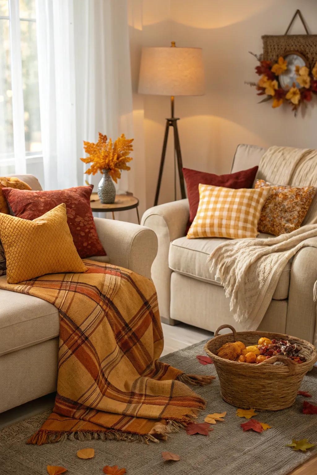 Warm hues like orange and brown bring the essence of fall into your living room.