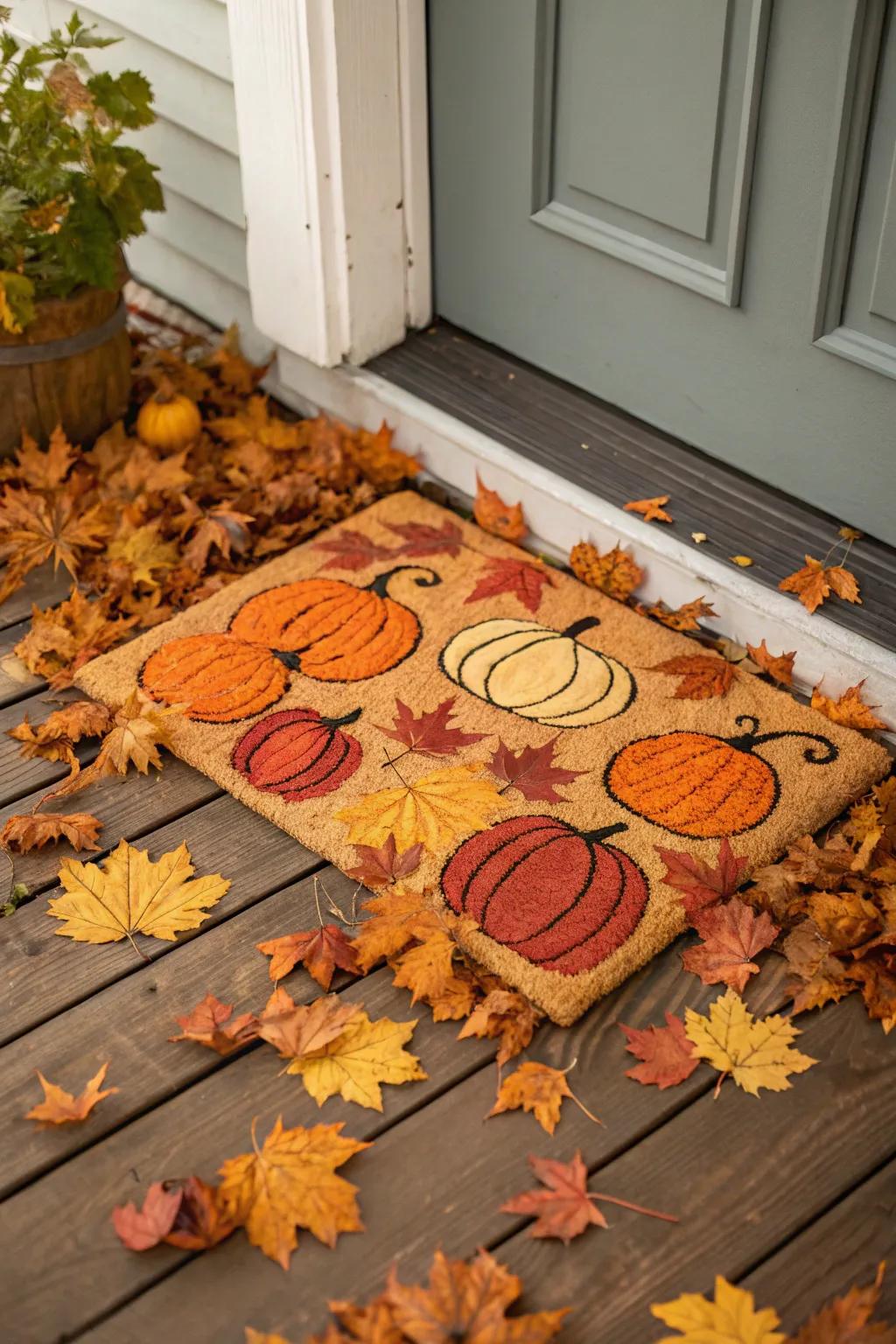 Gourd-themed front mat nestled among autumnal foliage.