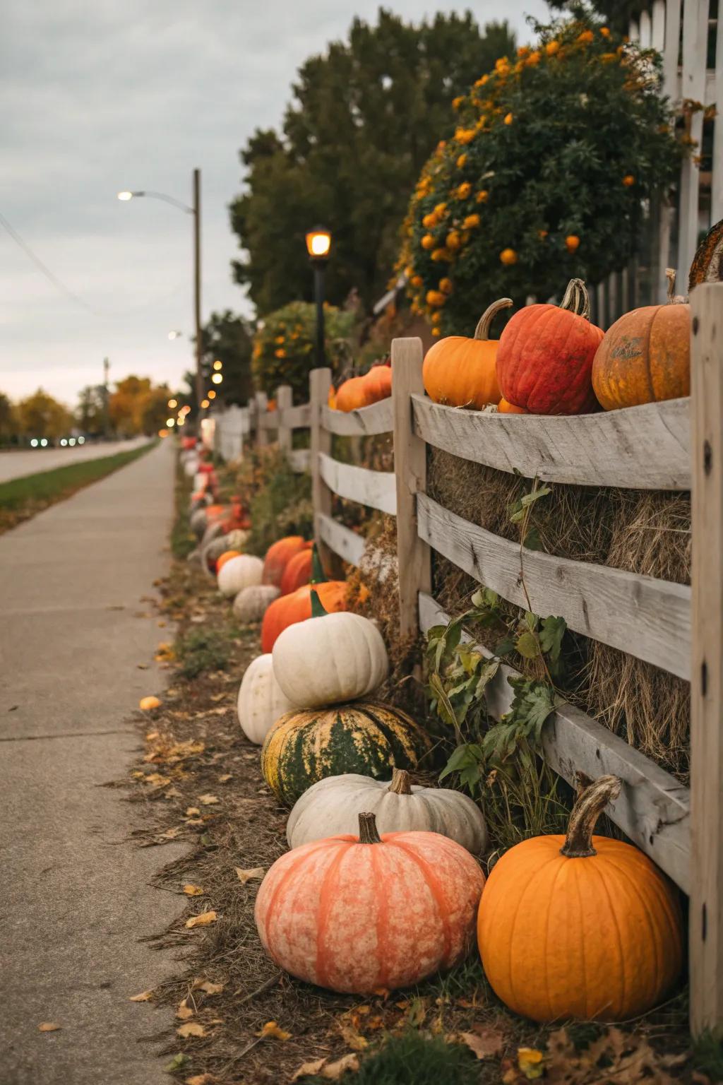 An assortment of gourds graces a fence, delivering an exuberant fall display.