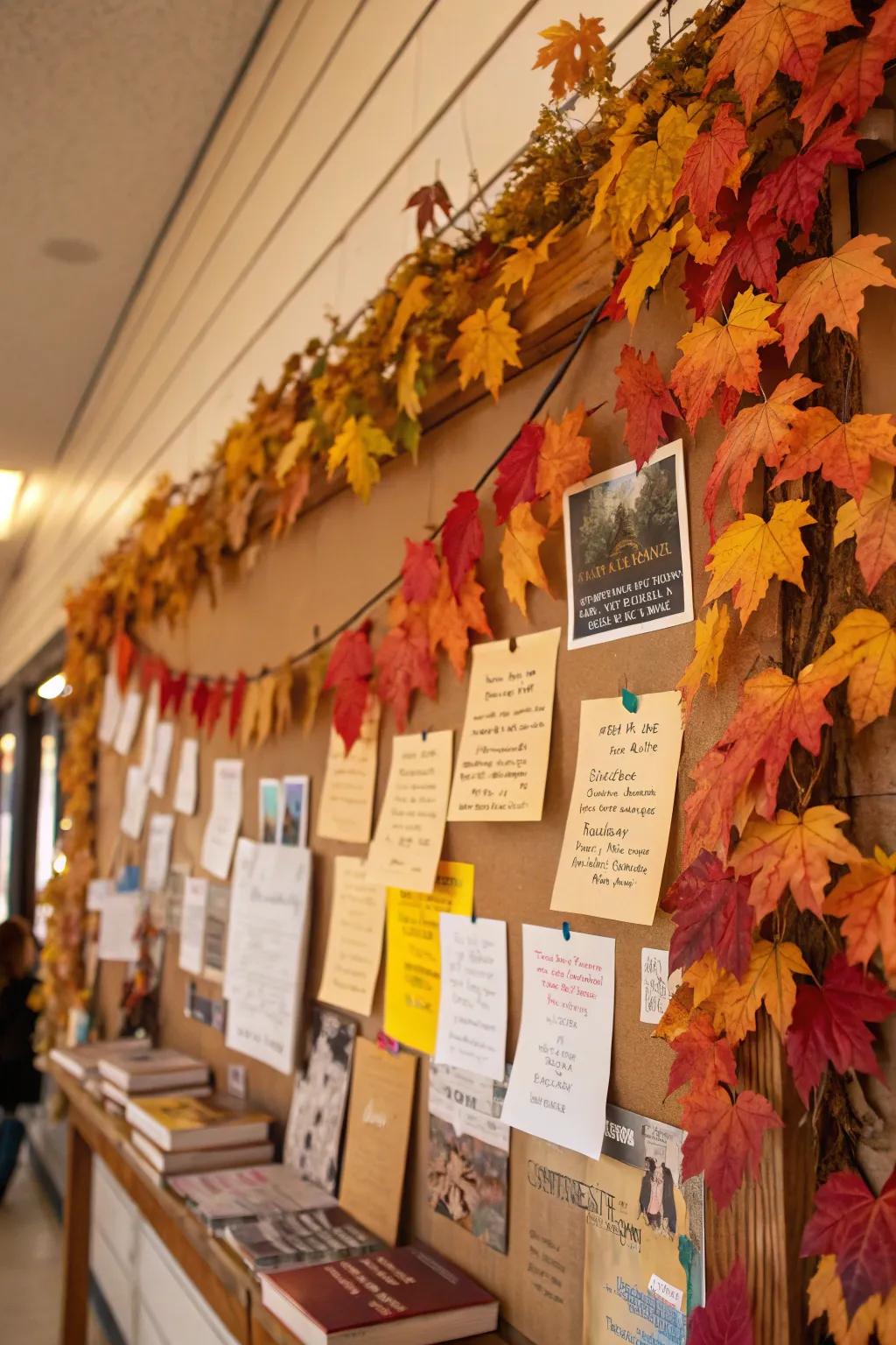 A vibrant tapestry of leaves and book titles graces a bulletin board celebrating fall.