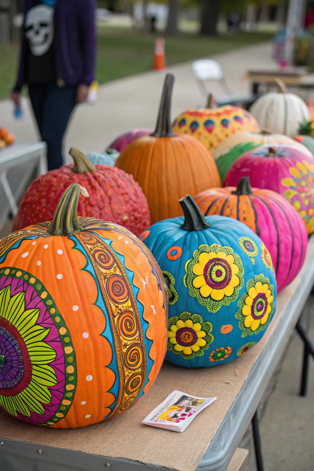 A colorful display of creatively painted pumpkins.