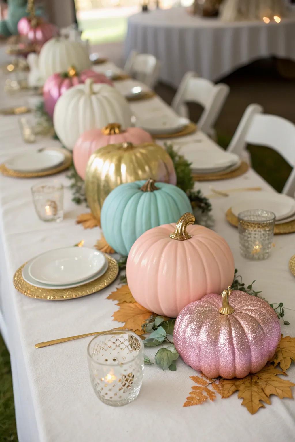 Stylish gourd centerpieces painted in shimmering and delicate colors, ideal for a distinctive fall wedding.
