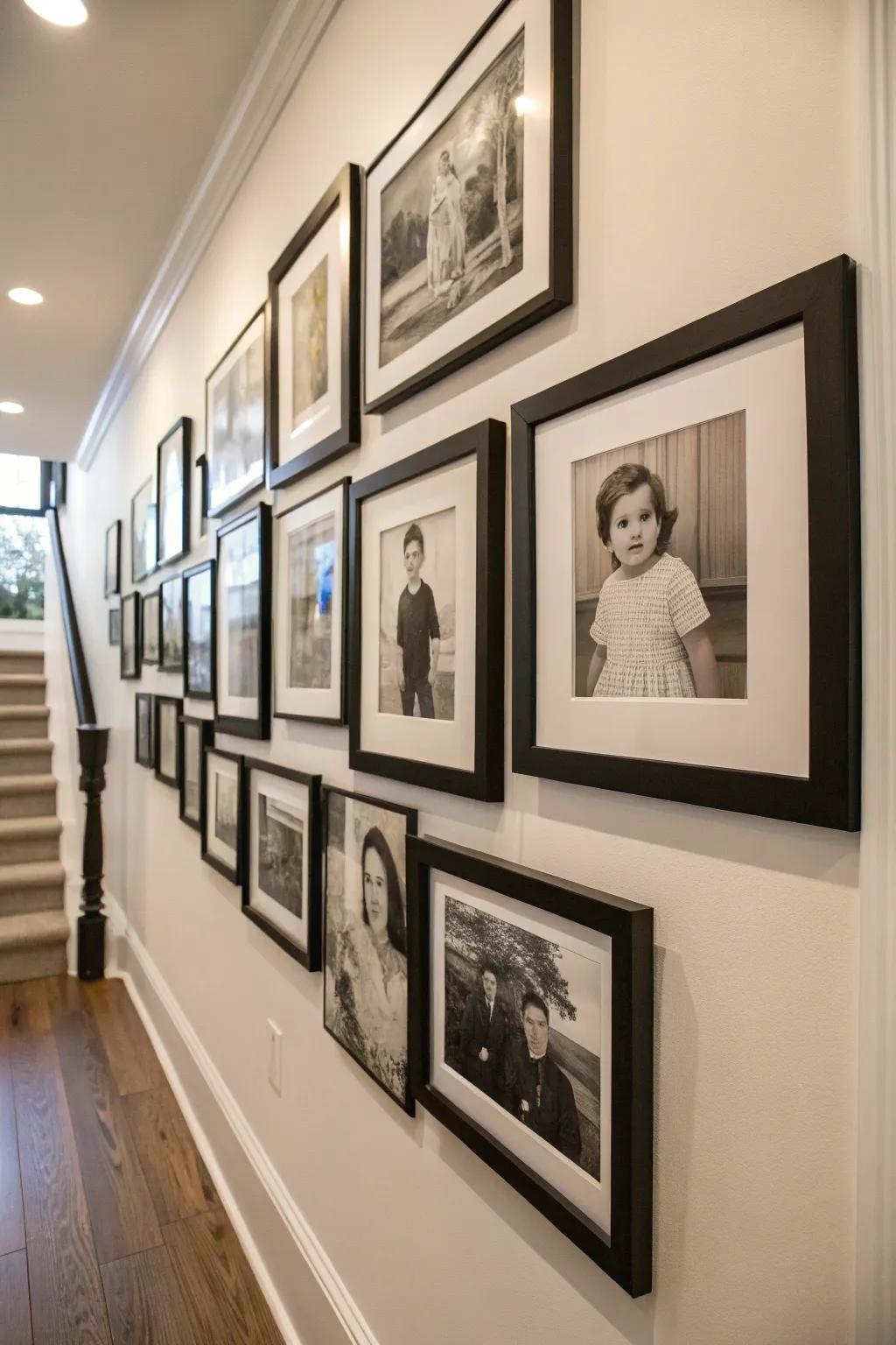 A timeless gallery wall with uniform frames introduces sophistication and allure.