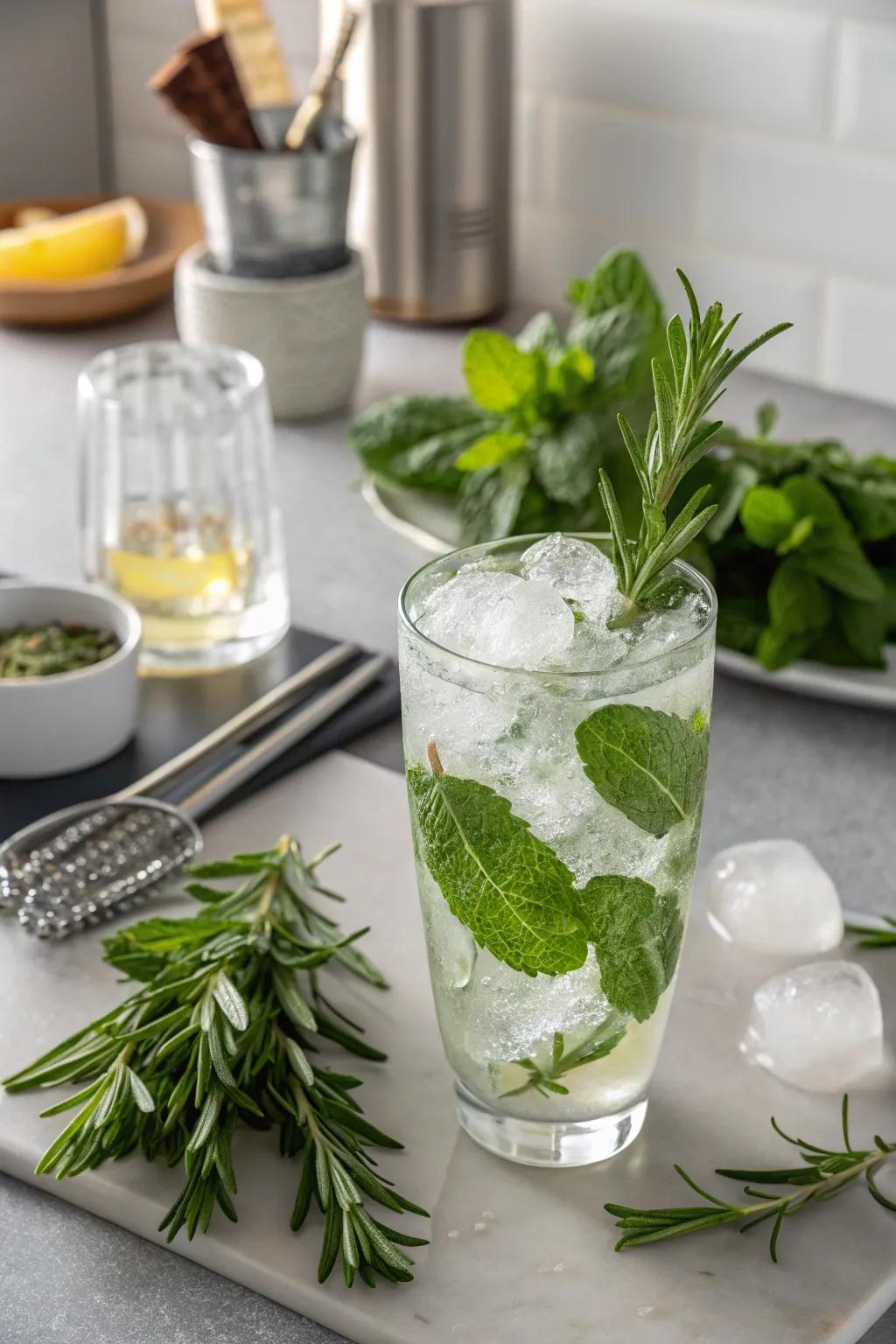 Ice infused with garden herbs for a revitalizing twist.