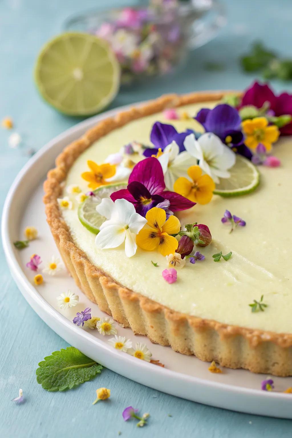 Edible flowers lending charm and sophistication to a key lime pie.