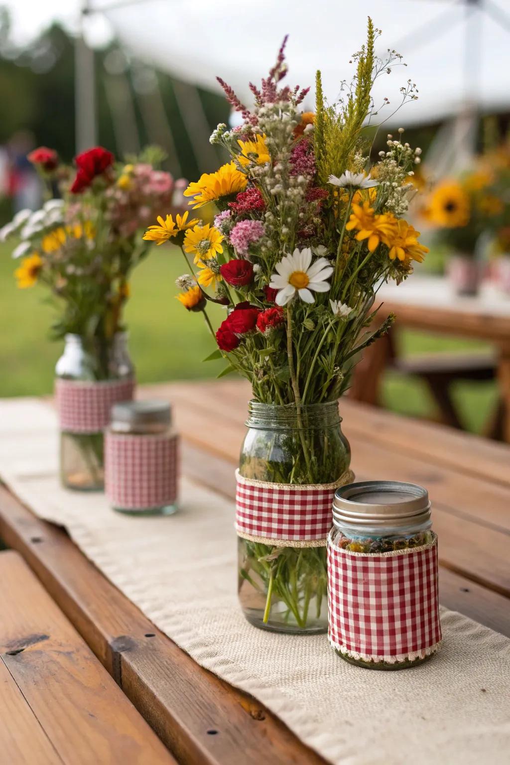 Simple fiber-wrapped glass storage containers filled with wildflowers evoke a rustic, charming ambiance.