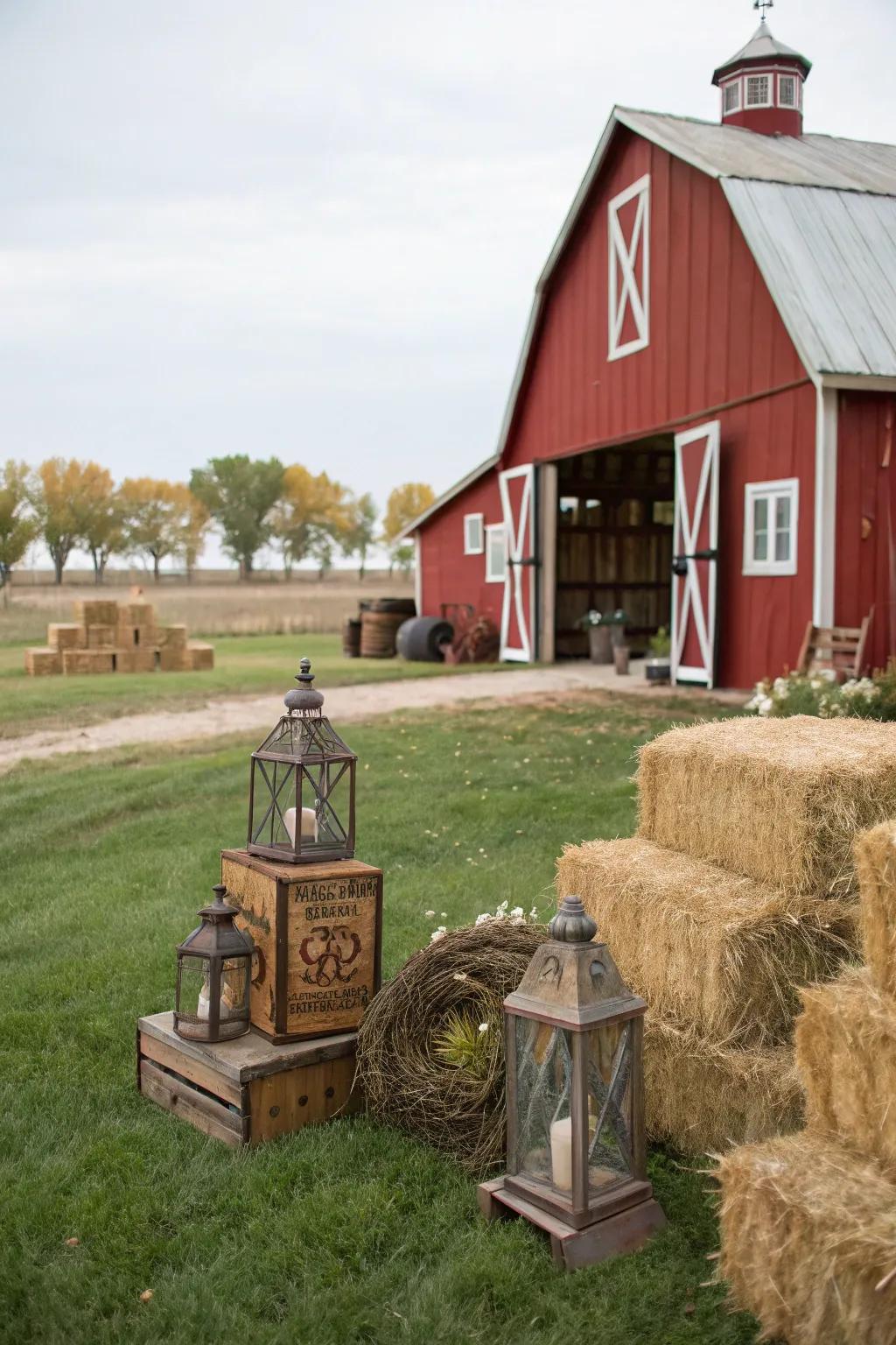 A striking red barn backdrop with hay bales, perfect for a farm-themed birthday party.