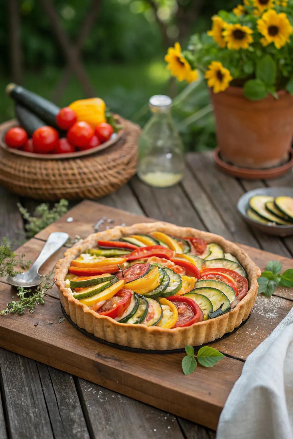A summer vegetable tart alive with the brilliant hues of the season's harvest.