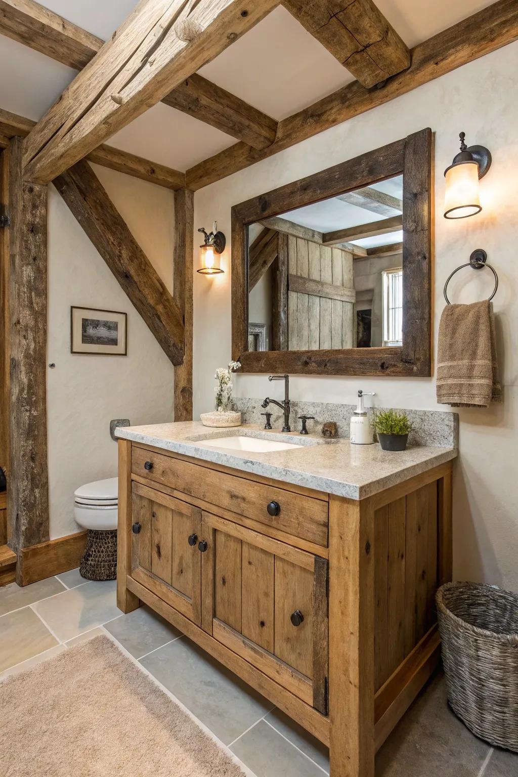 Natural materials such as wood and stone craft an inviting farmhouse ambiance.